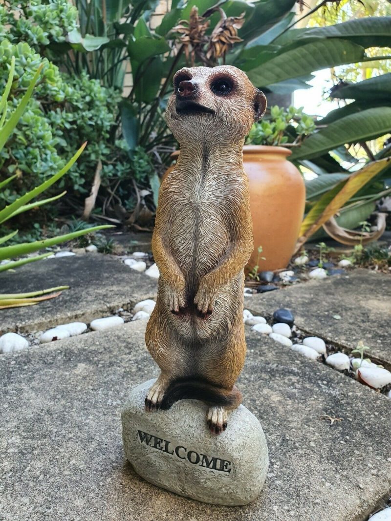 30CM STANDING MEERKAT ON WELCOME ROCK ANMIAL STATUE HOME GARDEN ORNAMENT - Image 2