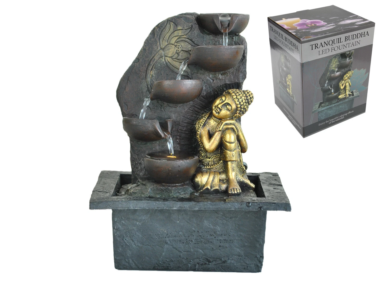 28cm Resting Buddha Water Fountain Light Statue – Zen Indoor & Outdoor Decor