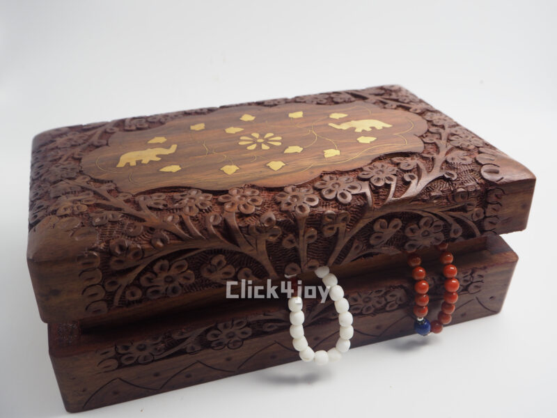 20x13cm Carved Gold Inlay Elephant Sheesham Wood Jewellery Trinket Storage Box - Image 2