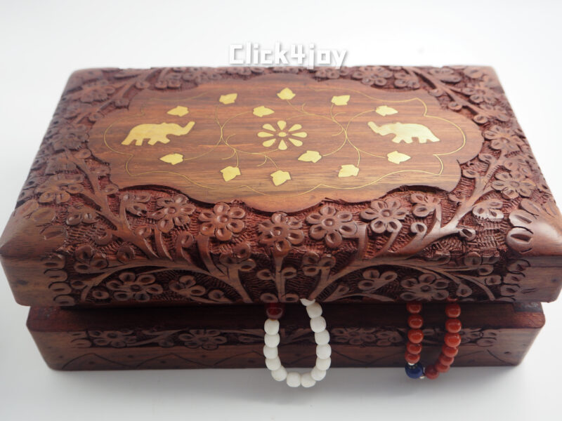 20x13cm Carved Gold Inlay Elephant Sheesham Wood Jewellery Trinket Storage Box - Image 3