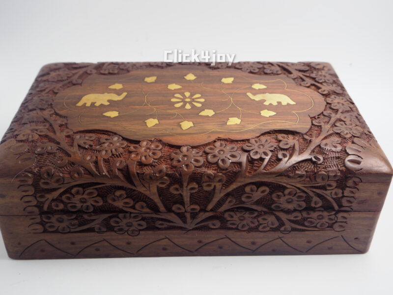 20x13cm Carved Gold Inlay Elephant Sheesham Wood Jewellery Trinket Storage Box - Image 4